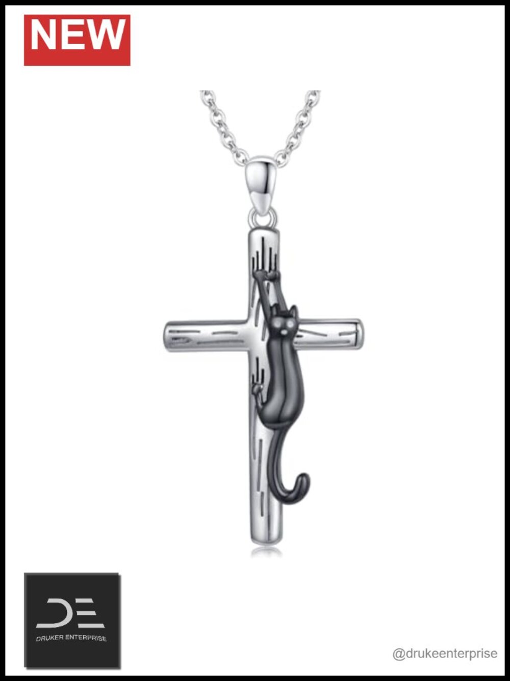 925 Sterling Silver Cat Cross Pendant Necklace Adjustable Chain